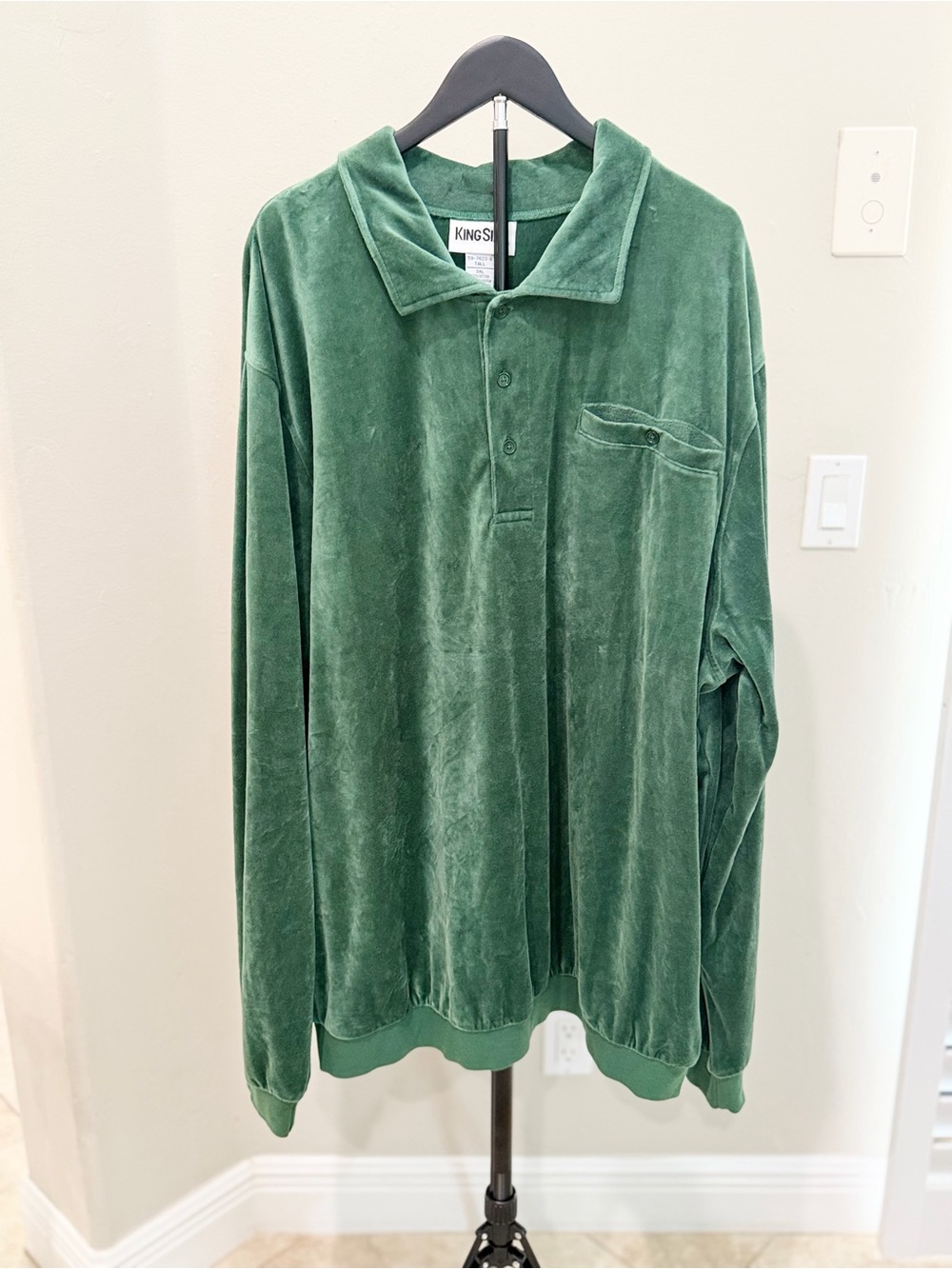 Vintage 90s KingSize Green Velour Polo 3XL Tall Retro Skater Oversized Grandpa